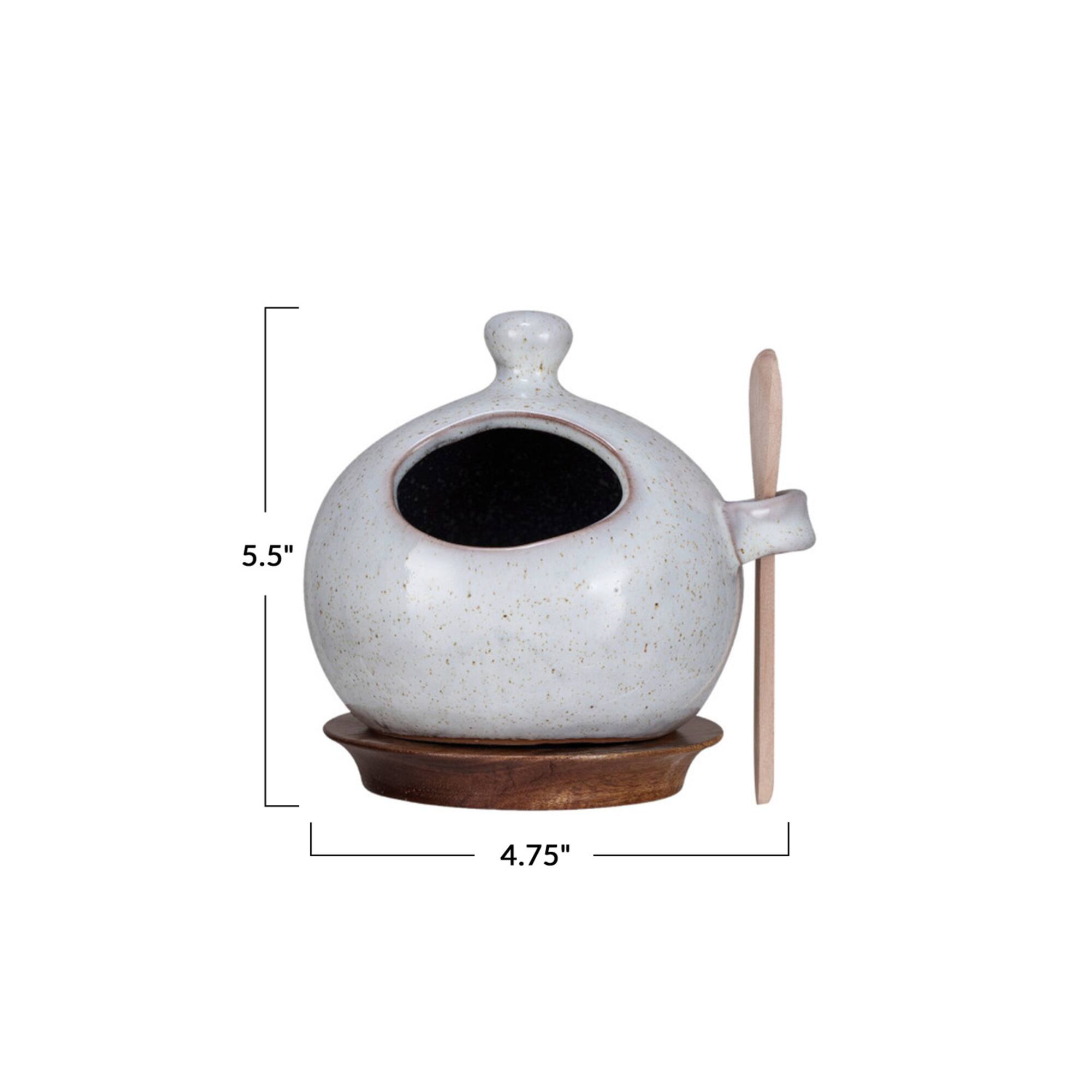 Hello Honey® 5.5" Cream Stoneware Salt Jar with Wood Spoon & Coaster